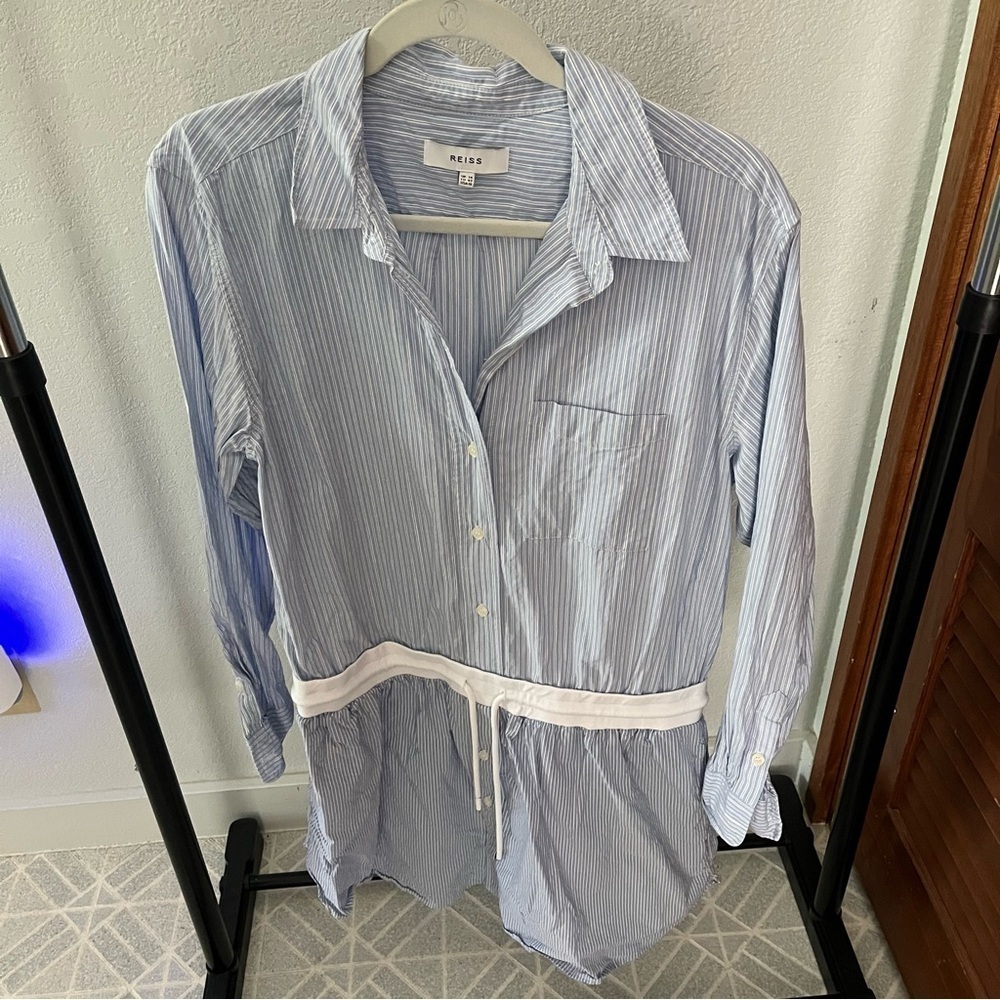 REISS US sz 10 Mia Striped Dress Blue White Waistband Long Sleeve Woven - Picture 2 of 13